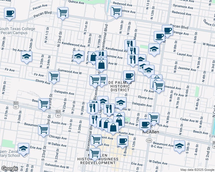 map of restaurants, bars, coffee shops, grocery stores, and more near 520 North 17th Street in McAllen