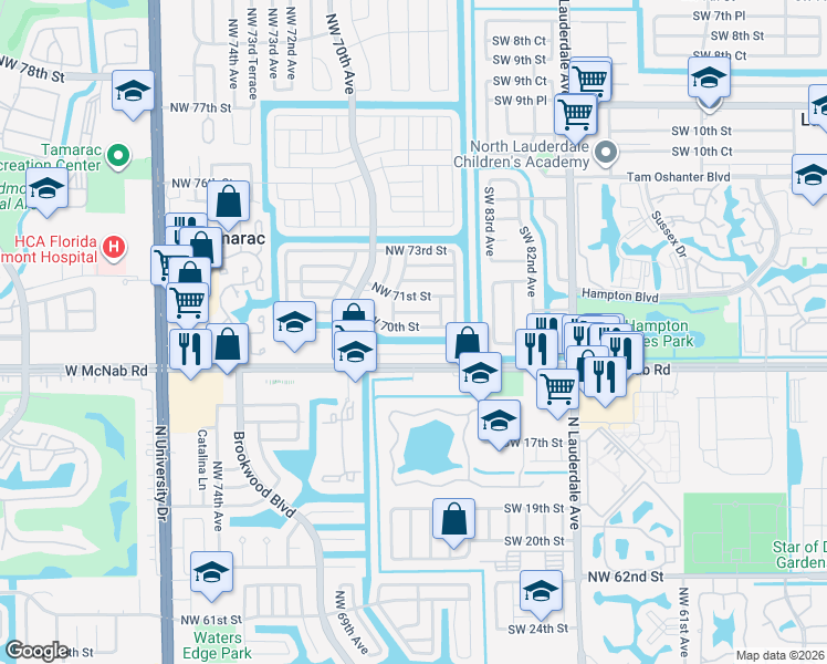 map of restaurants, bars, coffee shops, grocery stores, and more near 6712 Northwest 70th Street in Tamarac