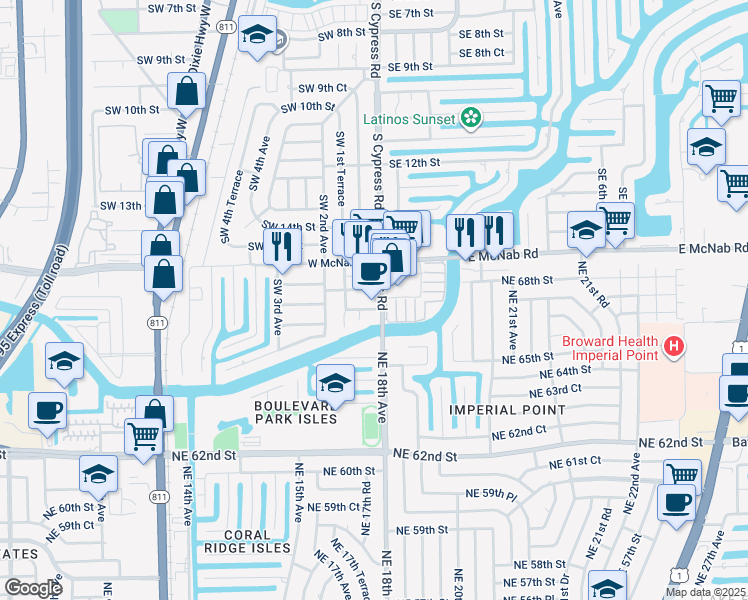map of restaurants, bars, coffee shops, grocery stores, and more near 101 Southwest 17th Street in Pompano Beach