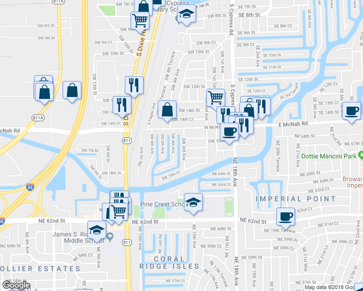 map of restaurants, bars, coffee shops, grocery stores, and more near 1621 Southwest 3rd Avenue in Pompano Beach