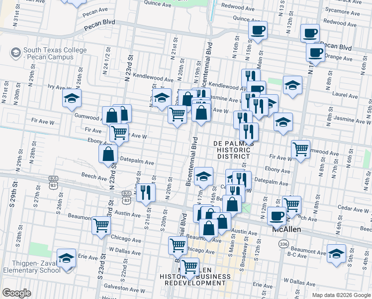 map of restaurants, bars, coffee shops, grocery stores, and more near 508 North Bicentennial Boulevard in McAllen