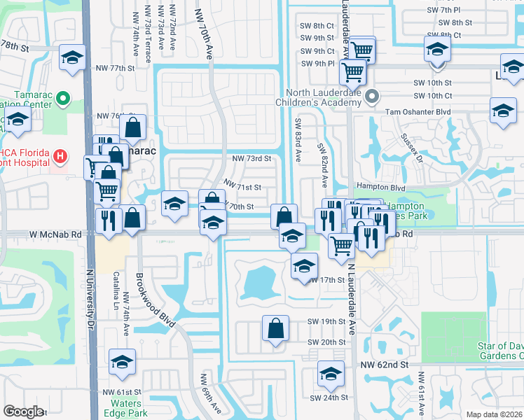 map of restaurants, bars, coffee shops, grocery stores, and more near 6712 Northwest 70th Street in Tamarac