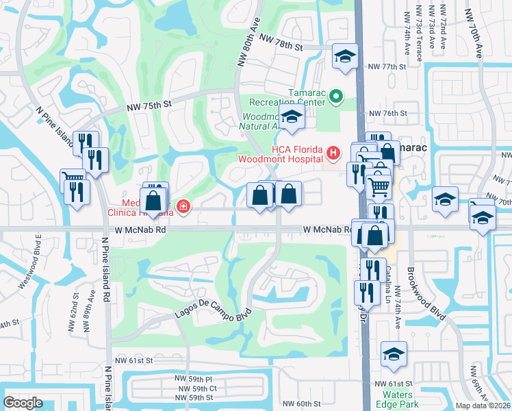 map of restaurants, bars, coffee shops, grocery stores, and more near 8033 Northwest 71st Court in Tamarac