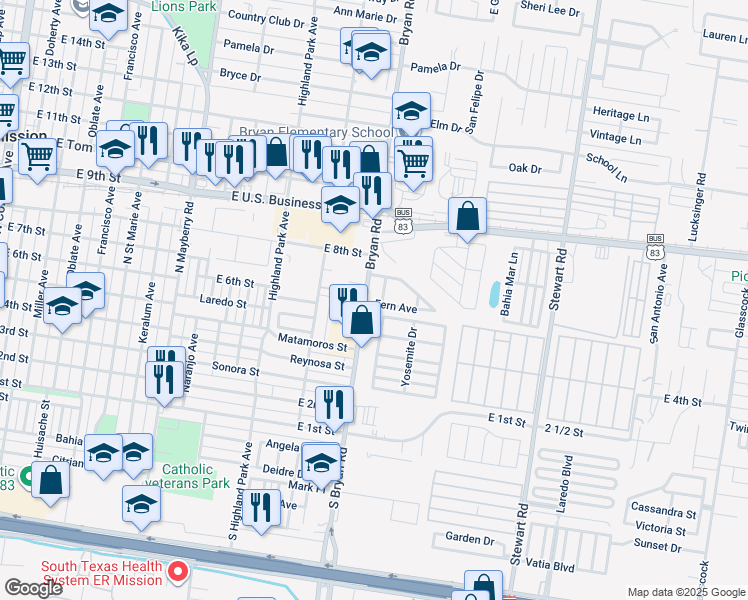 map of restaurants, bars, coffee shops, grocery stores, and more near 610 Bryan Road in Mission