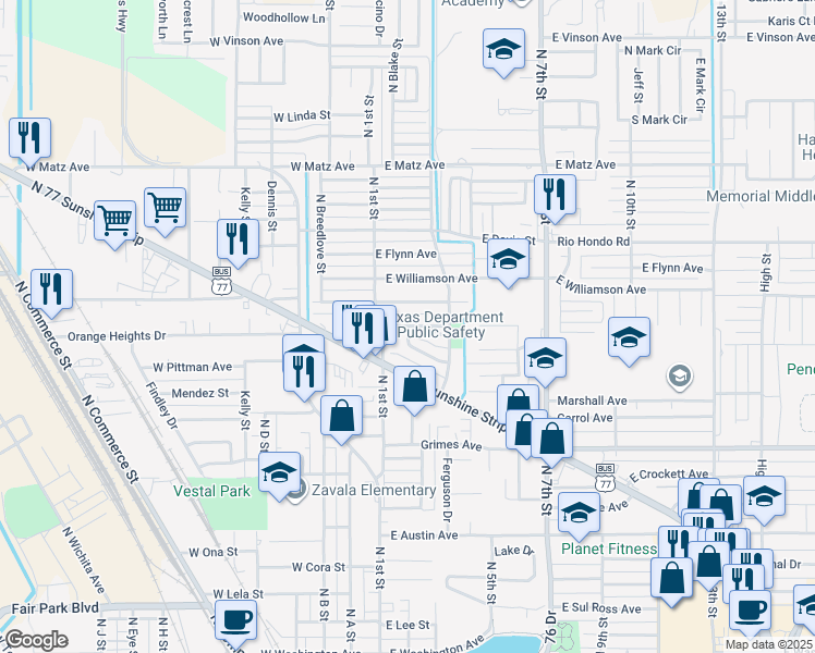 map of restaurants, bars, coffee shops, grocery stores, and more near 1618 Adkins Drive in Harlingen