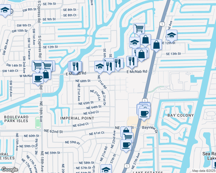map of restaurants, bars, coffee shops, grocery stores, and more near 2156 Northeast 67th Street in Fort Lauderdale
