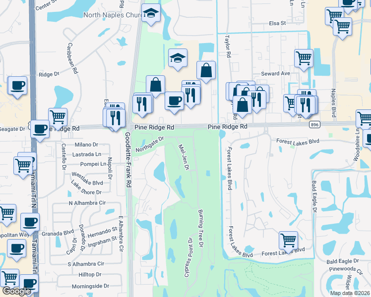 map of restaurants, bars, coffee shops, grocery stores, and more near 328 Mel-Jen Drive in Naples
