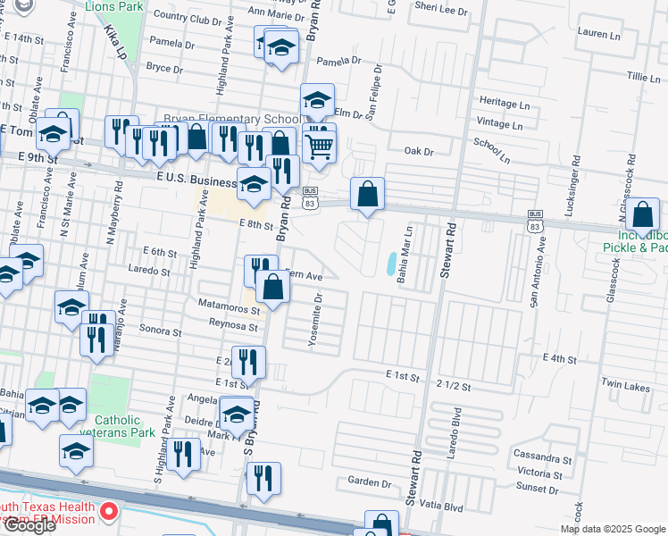 map of restaurants, bars, coffee shops, grocery stores, and more near 1318 Tropical Circle in Mission