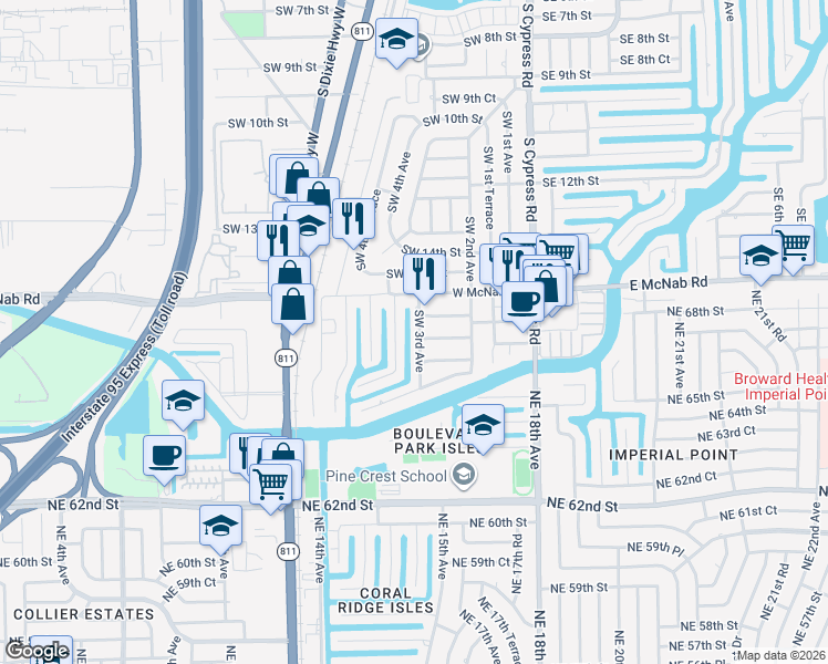 map of restaurants, bars, coffee shops, grocery stores, and more near 1700 Southwest 18th Street in Pompano Beach