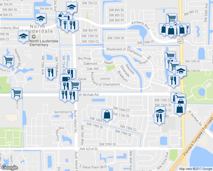 map of restaurants, bars, coffee shops, grocery stores, and more near 6616 Boulevard of Champions in North Lauderdale
