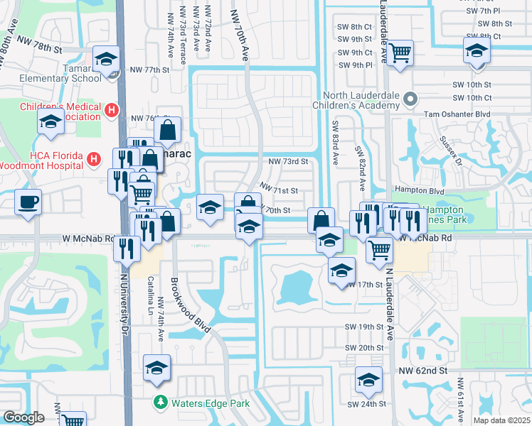 map of restaurants, bars, coffee shops, grocery stores, and more near 6804 Northwest 70th Street in Tamarac