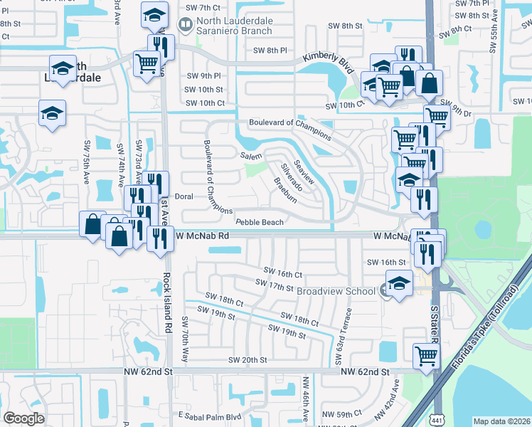 map of restaurants, bars, coffee shops, grocery stores, and more near 6604 Boulevard of Champions in North Lauderdale