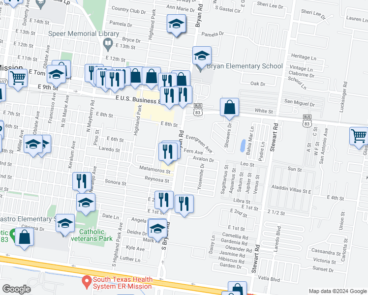 map of restaurants, bars, coffee shops, grocery stores, and more near 1500 Evergreen Avenue in Mission