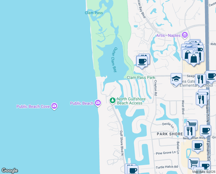 map of restaurants, bars, coffee shops, grocery stores, and more near 90 Seagate Drive in Naples