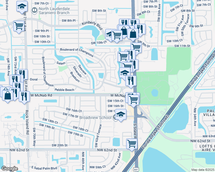 map of restaurants, bars, coffee shops, grocery stores, and more near 6160 Boulevard of Champions in North Lauderdale