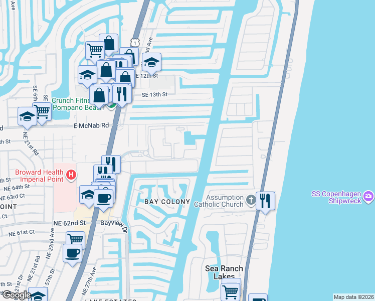 map of restaurants, bars, coffee shops, grocery stores, and more near 3300 Port Royale Drive North in Fort Lauderdale