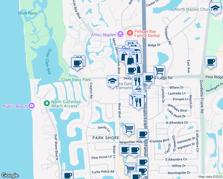 map of restaurants, bars, coffee shops, grocery stores, and more near 650 Seagate Drive in Naples