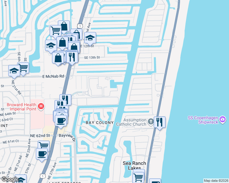map of restaurants, bars, coffee shops, grocery stores, and more near 3303 Port Royale Drive South in Fort Lauderdale