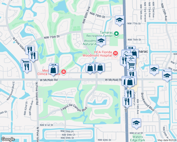 map of restaurants, bars, coffee shops, grocery stores, and more near 8033 Northwest 71st Court in Tamarac