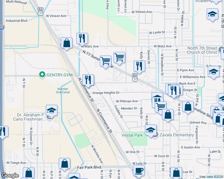 map of restaurants, bars, coffee shops, grocery stores, and more near 1002 Orange Heights Drive in Harlingen