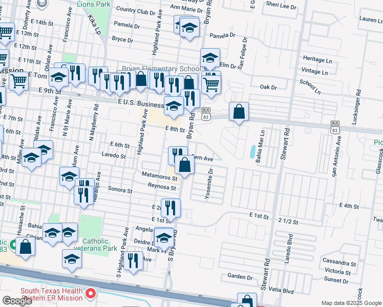 map of restaurants, bars, coffee shops, grocery stores, and more near 1500 Evergreen Avenue in Mission
