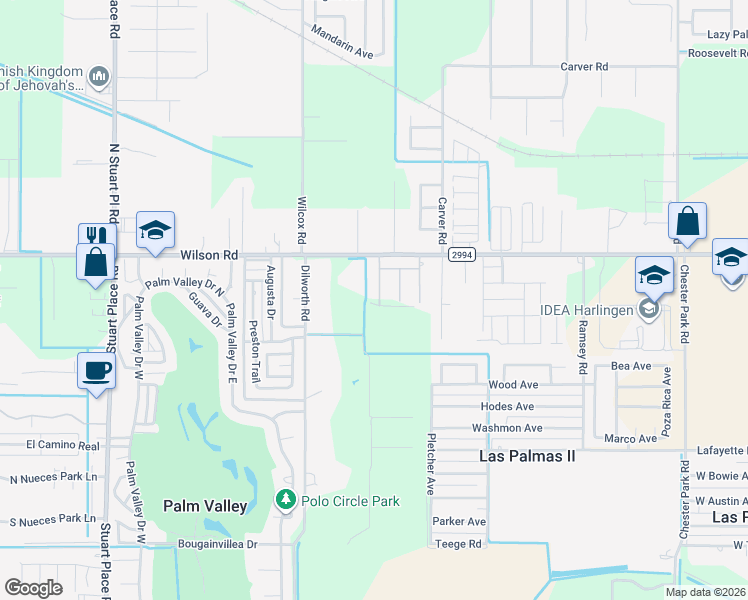 map of restaurants, bars, coffee shops, grocery stores, and more near 16538 Wilson Road in Harlingen