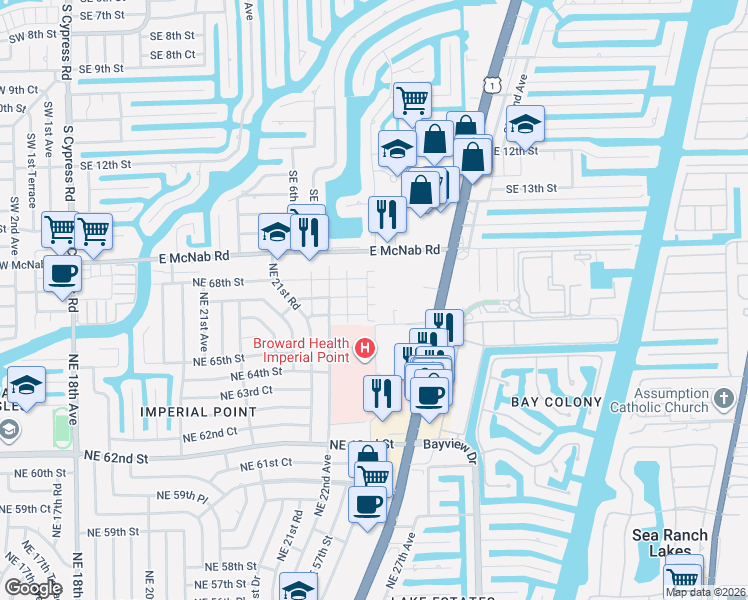 map of restaurants, bars, coffee shops, grocery stores, and more near 23 Northeast 22nd Way in Fort Lauderdale