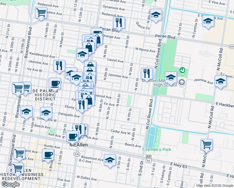 map of restaurants, bars, coffee shops, grocery stores, and more near 704 North 6th Street in McAllen