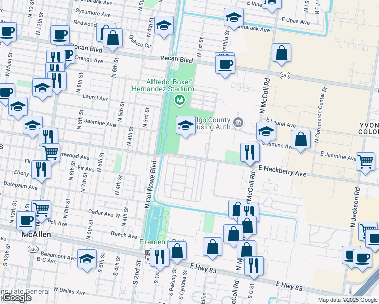 map of restaurants, bars, coffee shops, grocery stores, and more near 101 East Hackberry Avenue in McAllen