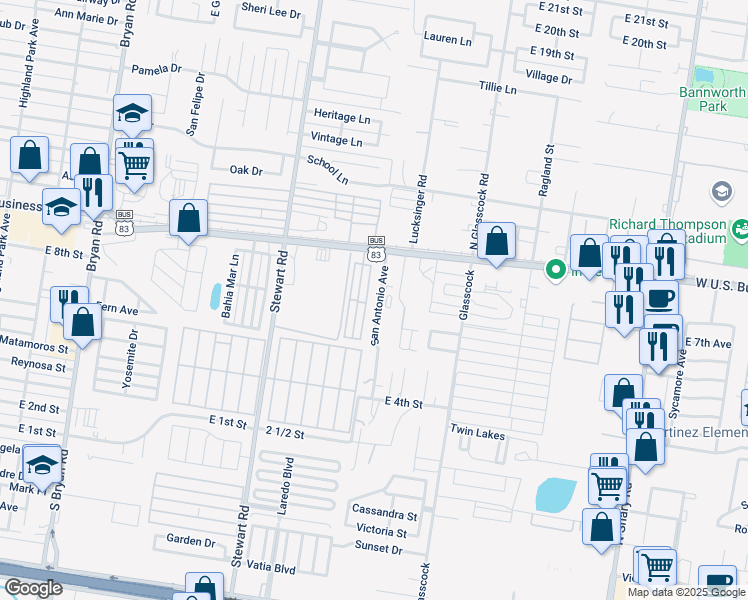 map of restaurants, bars, coffee shops, grocery stores, and more near 705 Palm Village Lane in Mission