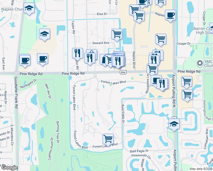 map of restaurants, bars, coffee shops, grocery stores, and more near 100 Forest Lakes Boulevard in Naples