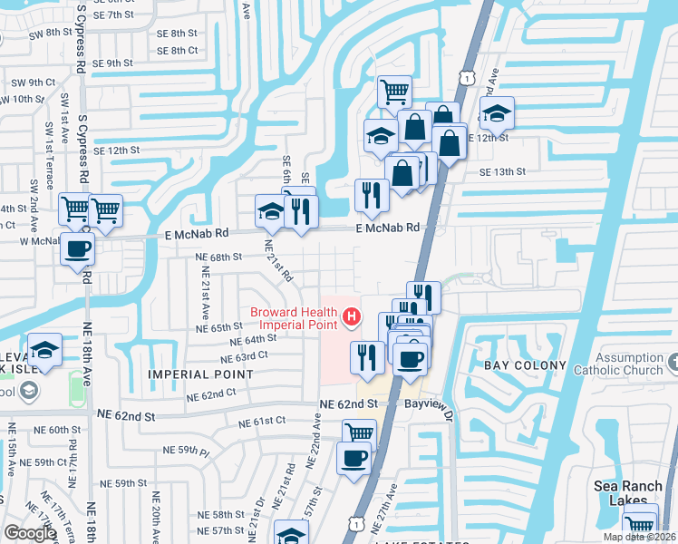 map of restaurants, bars, coffee shops, grocery stores, and more near 23 Northeast 22nd Way in Fort Lauderdale