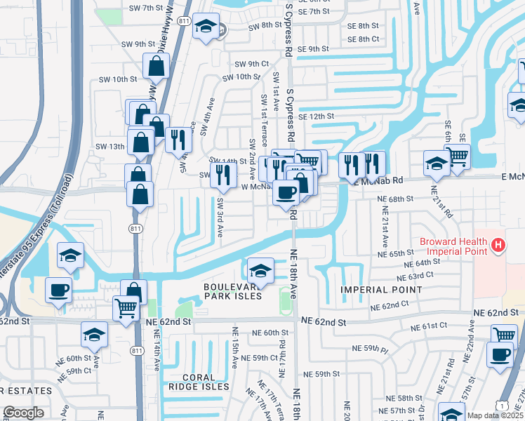 map of restaurants, bars, coffee shops, grocery stores, and more near 1680 Southwest 2nd Avenue in Pompano Beach