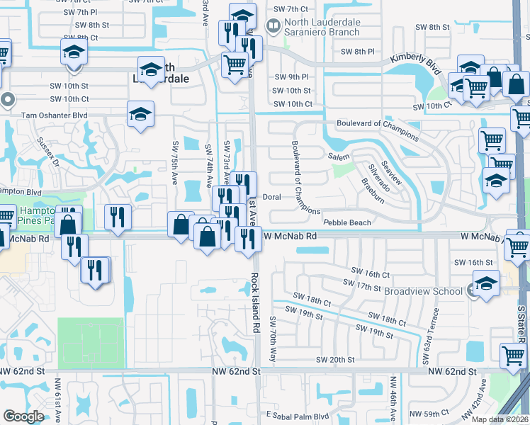 map of restaurants, bars, coffee shops, grocery stores, and more near 1403 Broadmoor in North Lauderdale