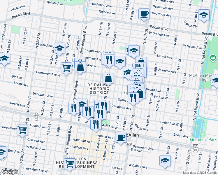 map of restaurants, bars, coffee shops, grocery stores, and more near in McAllen
