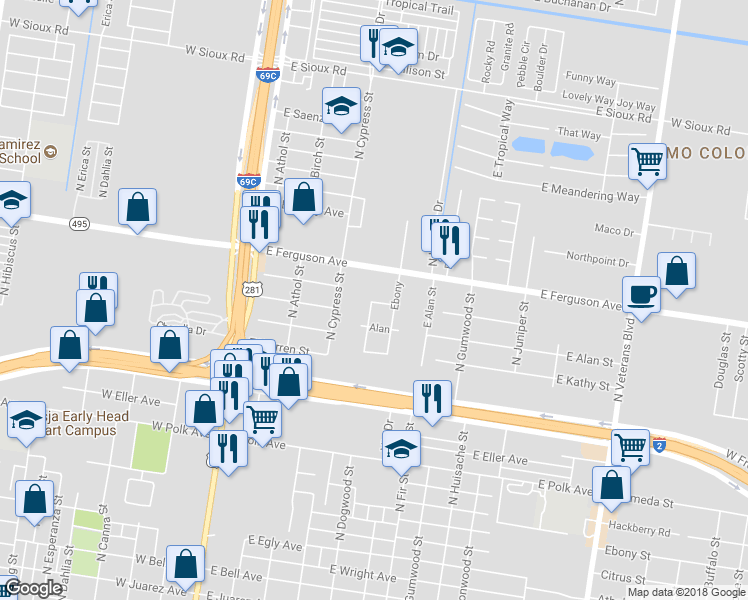 map of restaurants, bars, coffee shops, grocery stores, and more near 503 Bagwell in Pharr