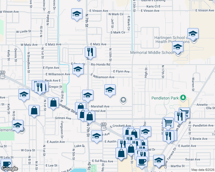 map of restaurants, bars, coffee shops, grocery stores, and more near 1810 Swan Lane in Harlingen