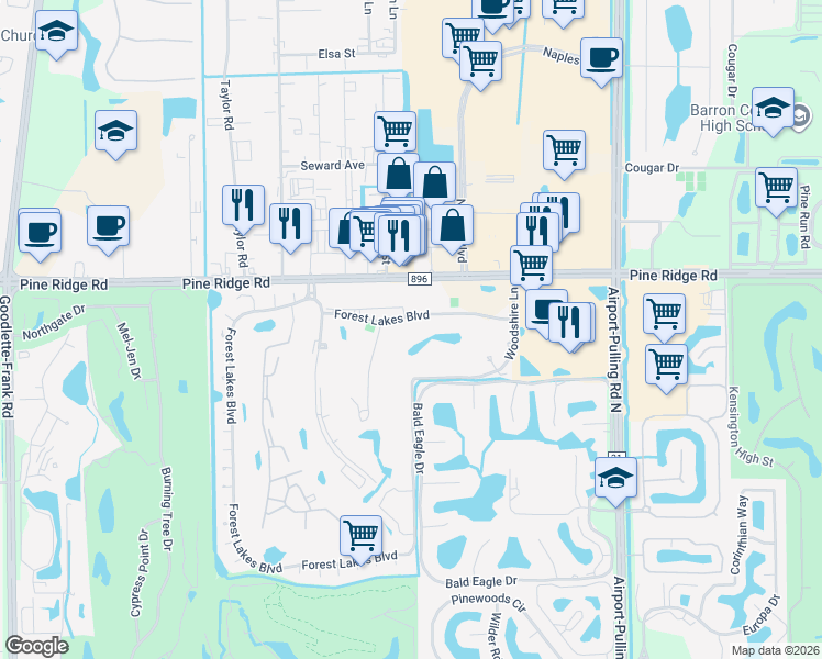 map of restaurants, bars, coffee shops, grocery stores, and more near 180 Forest Lakes Boulevard in Naples
