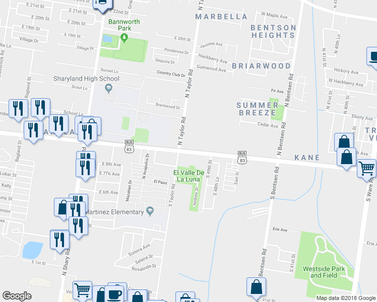 map of restaurants, bars, coffee shops, grocery stores, and more near 5020 U.S. 83 Business in McAllen