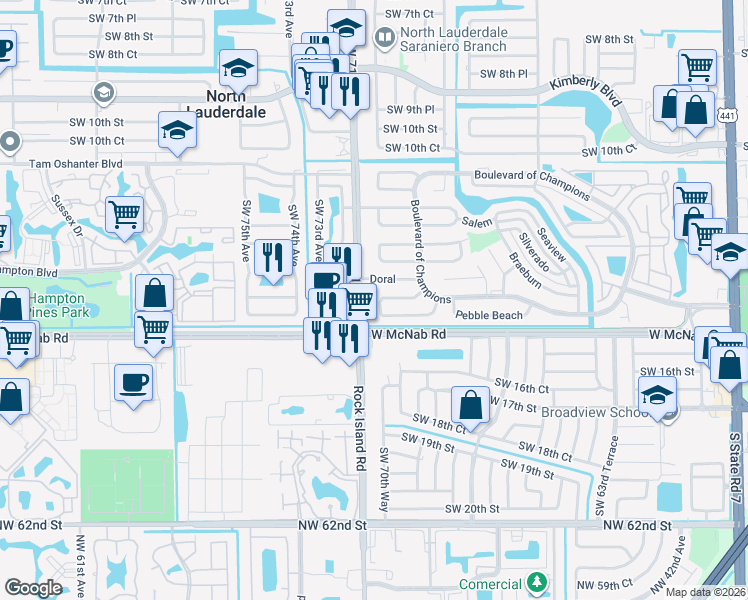 map of restaurants, bars, coffee shops, grocery stores, and more near 1403 Broadmoor in North Lauderdale