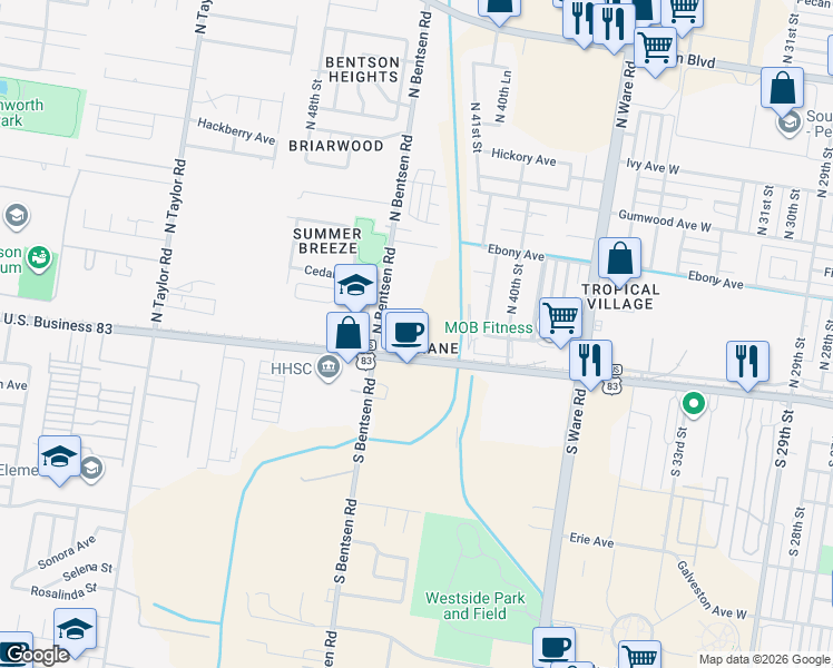 map of restaurants, bars, coffee shops, grocery stores, and more near 100 North Bentsen Road in McAllen