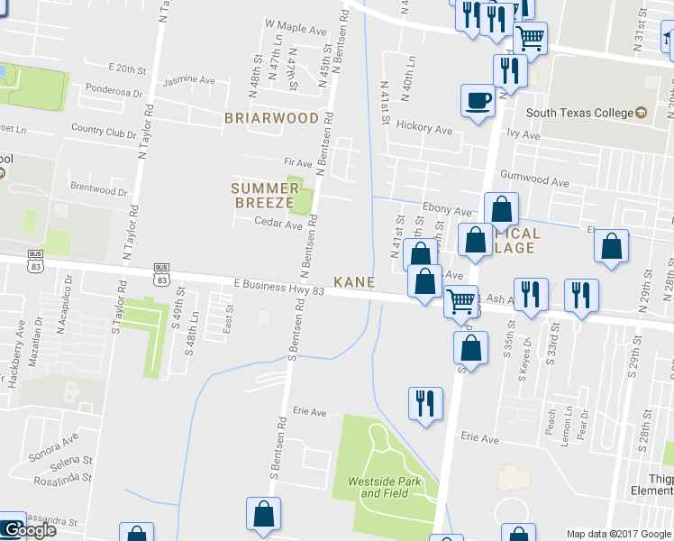 map of restaurants, bars, coffee shops, grocery stores, and more near 100 North Bentsen Road in McAllen