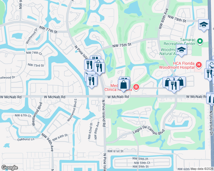 map of restaurants, bars, coffee shops, grocery stores, and more near 7125 Woodmont Avenue in Tamarac