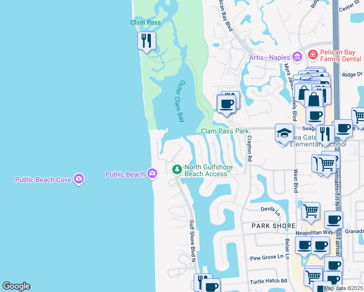 map of restaurants, bars, coffee shops, grocery stores, and more near 90 Seagate Drive in Naples