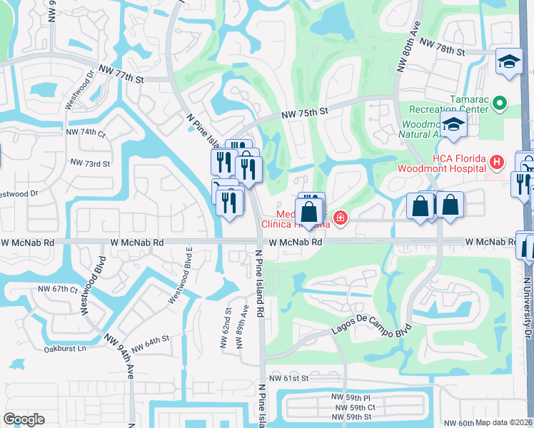 map of restaurants, bars, coffee shops, grocery stores, and more near 7125 Woodmont Avenue in Tamarac