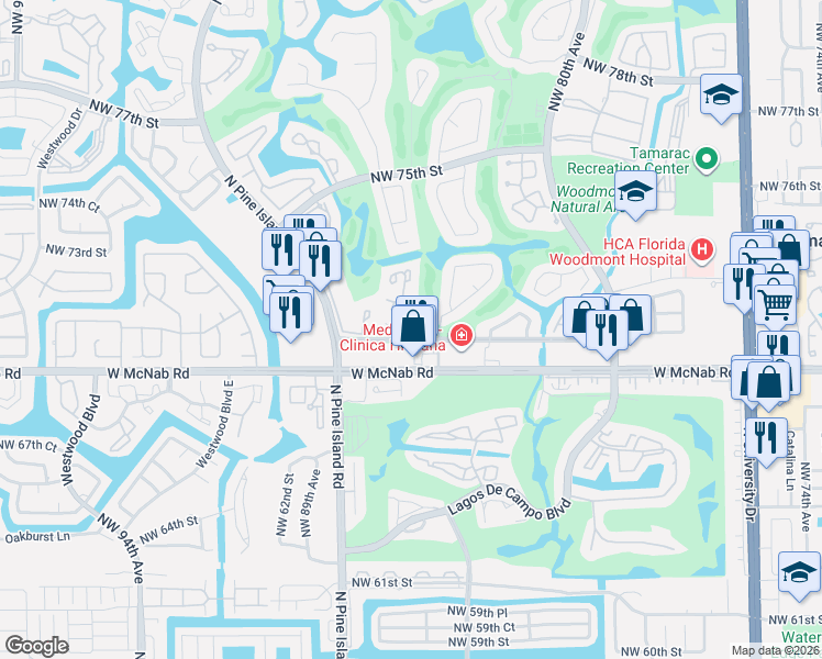 map of restaurants, bars, coffee shops, grocery stores, and more near 8405 Northwest 70th Street in Tamarac