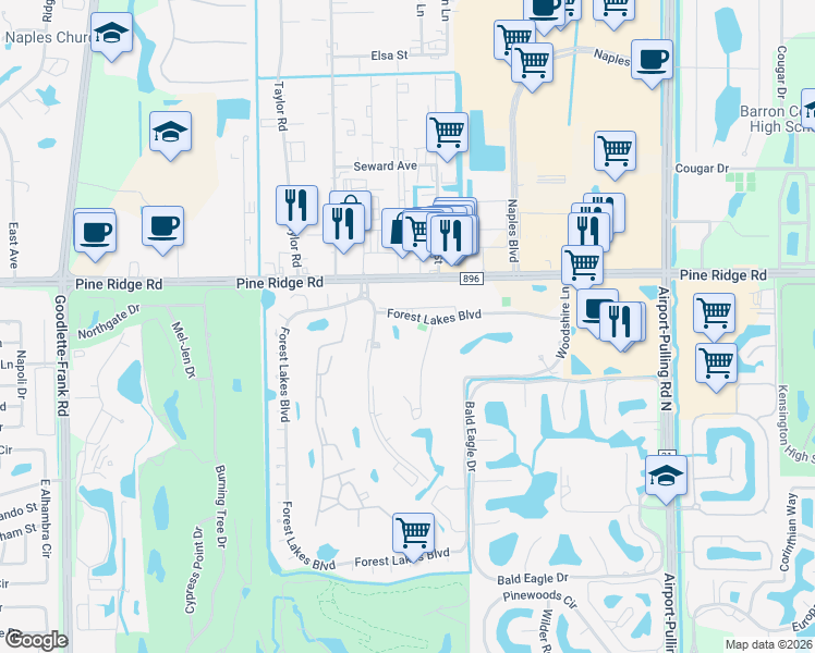 map of restaurants, bars, coffee shops, grocery stores, and more near 100 Forest Lakes Boulevard in Naples