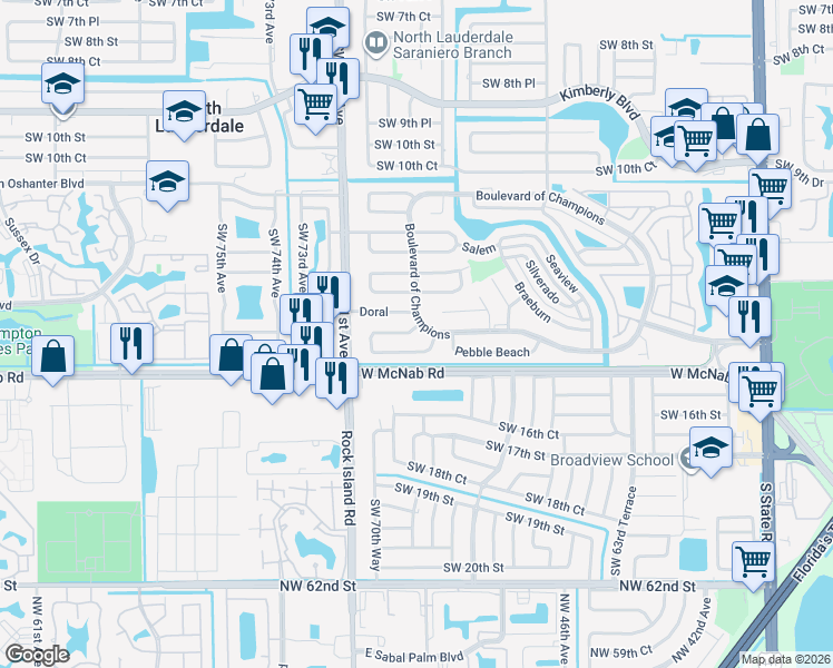 map of restaurants, bars, coffee shops, grocery stores, and more near 6860 Broadmoor in North Lauderdale