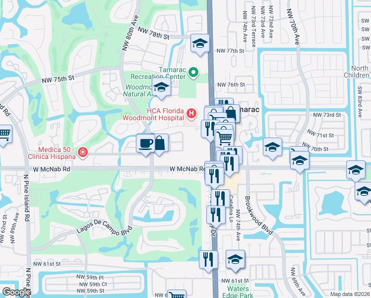 map of restaurants, bars, coffee shops, grocery stores, and more near 7006 Northwest 78th Avenue in Tamarac