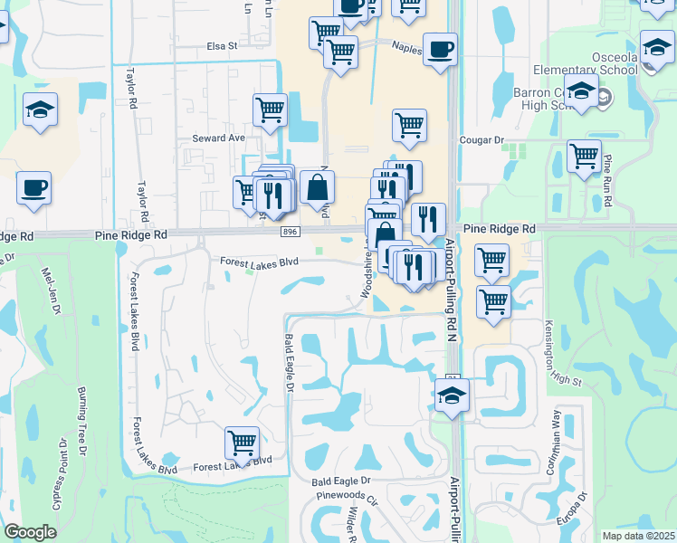 map of restaurants, bars, coffee shops, grocery stores, and more near 400 Forest Lakes Boulevard in Naples